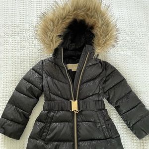Black leopard print toddler puffer coat.